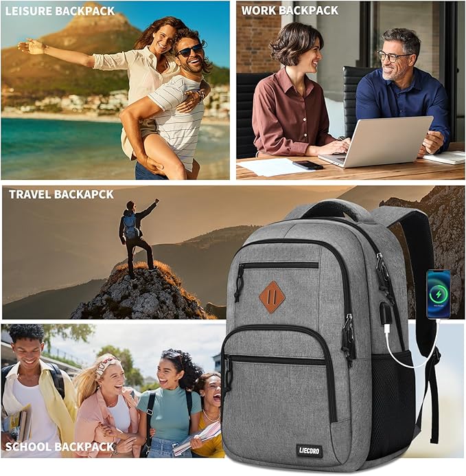 Grey Backpacks for Men, Backpack for School, School Backpack for Boys Teens, 15.6 inch Laptop Back Pack with USB Charging Port, College Book Bag, Business Work Travel Bookbag, mochilas para hombres