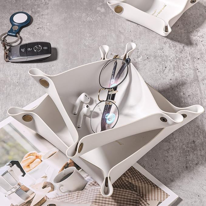 Leather Valet Tray, Premium Catchall Trays, Jewelry Trays, Decorative Desk Organizer,Folding Travel Organizer,Office/Home Organization Trays (Large Medium and Small, 3PCS)(White)