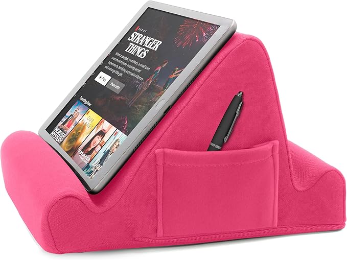 Brookstone, Memory Foam Lap Desk Tablet Holder, Holds Phones, iPads, E-Book Readers, 2 Viewing Angles, 2 Side Pockets for Accessories, Book Holder Cushion, Perfect Home, Car Travel, Flights, Pink
