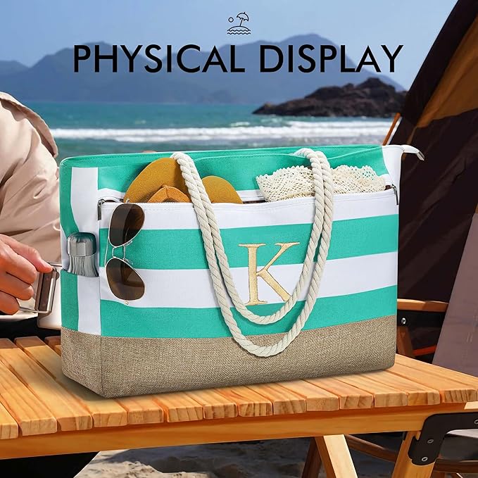 YOOLIFE Large Initial Beach Bag Waterproof Tote Zipper Bag Personalized Gifts for Women Her Birthday Travel Beach Essential