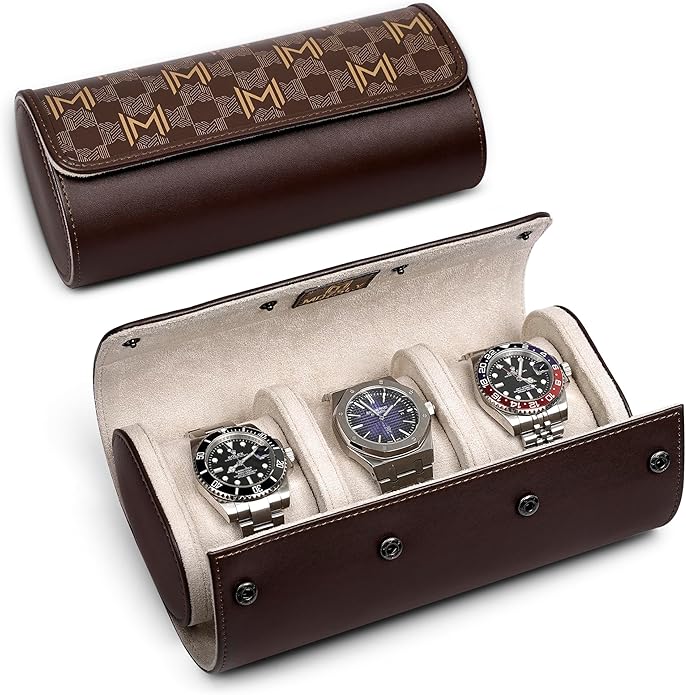 MOZSLY Watch Roll Travel Case 3 Slots Portable Watches Box Organizer Storage Holder Pattern PU Leather