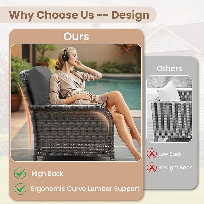 HOOOWOOO Patio Furniture Set,3 Pieces Outdoor Conversation Set,All Weather Wicker Bistro Set Yard Porch High Back Chairs Side Table,Black