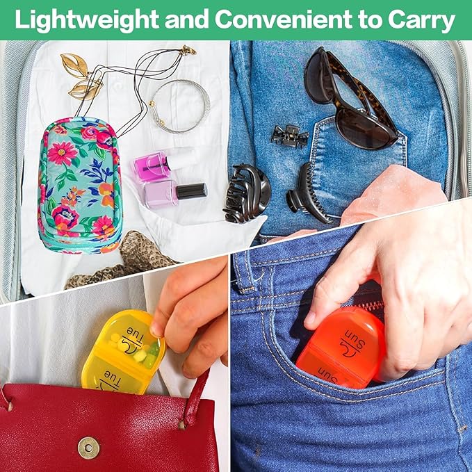 Serfeymi Weekly Travel Pill Organizer 2 Times A Day AM PM Upgraded Rainbow Pill Box 7 Day with Portable Zipper PU Leather Pill Case, Medicine Organizer for Pills, Vitamins, Fish Oils - Green-01