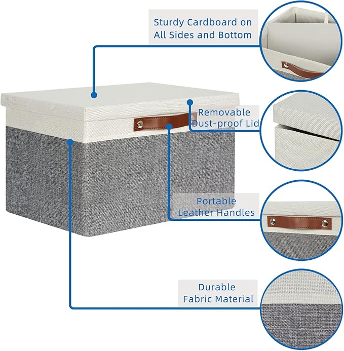 Temary Collapsible Storage Bins Storage Boxes with lid, 2 Pack Storage Baskets with Lid Organizing Clothes, Decorative Organizer Bins with Handles (White&Gray, 15x11x9.5inch)