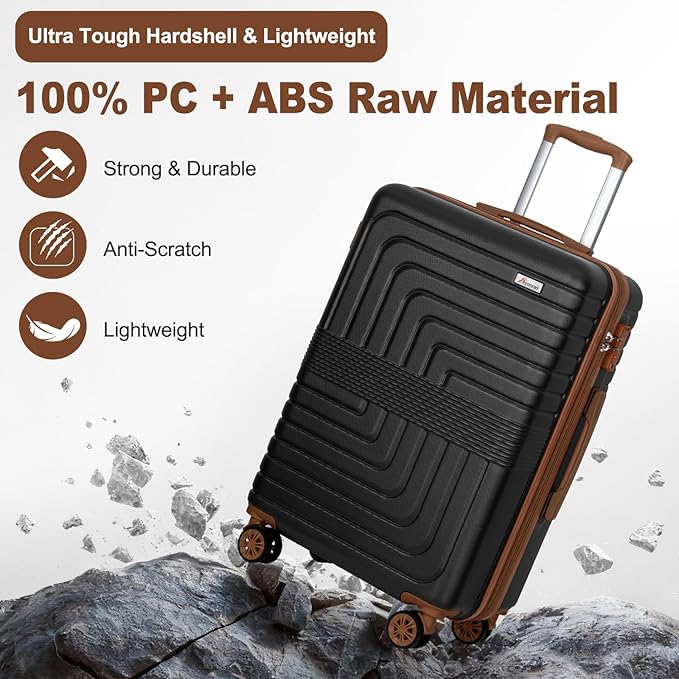 Romswi Luggage Sets 3 Piece Expandable PC+ABS Suitcases, Durable Hardshell Lightweight Suitcase Set with TSA Lock Dual Spinner Wheels, 21/24/28 Inch,Black