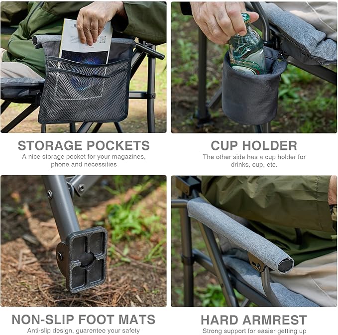 EVER ADVANCED Padded Oversized Folding Camping Chair for Adults, Heavy Duty Lawn Chair with Side Pockets, Portable Collapsible Quad Chair for Outside, Support Up to 500lbs, Grey 2Pack