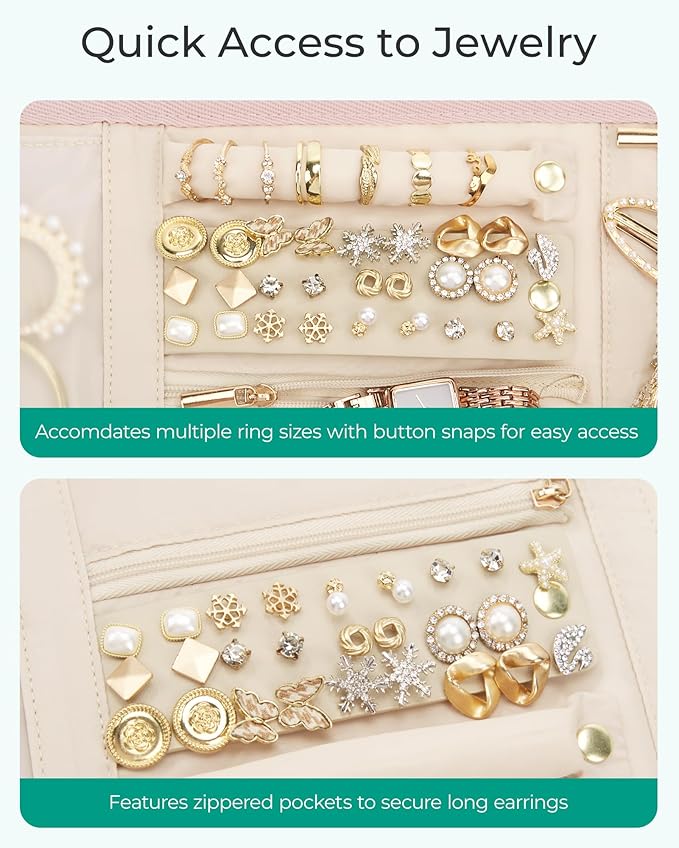 BAGSMART Travel Jewelry Case Organizer, Roll Foldable Jewelry Case for Journey-Rings, Necklaces, Earrings, Bracelets, Brooches, Min, Beige