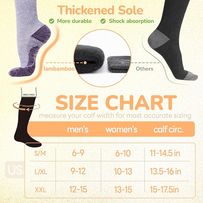 Merino Wool Compression Socks for Women Men, 15-20 mmHg Knee High Socks for Flying, Travel, Running