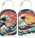 Japanese Style Ocean Wave Sun Leather Luggage Tag for Suitcase 2 Pack Luggage Tag with Privacy Name ID Label and Stainless Steel Loop for Travel Bag Suitcase