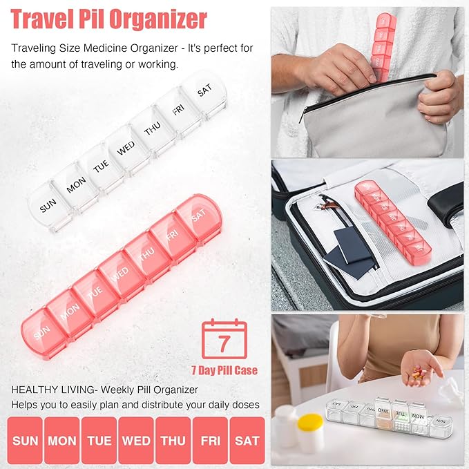 Extra Large Pill Organizer 2 Pack, XL Pill Box 7 Day, Weekly Pill Case with Large Capacity, Jumbo Organizer, BPA Free (Pink+White)