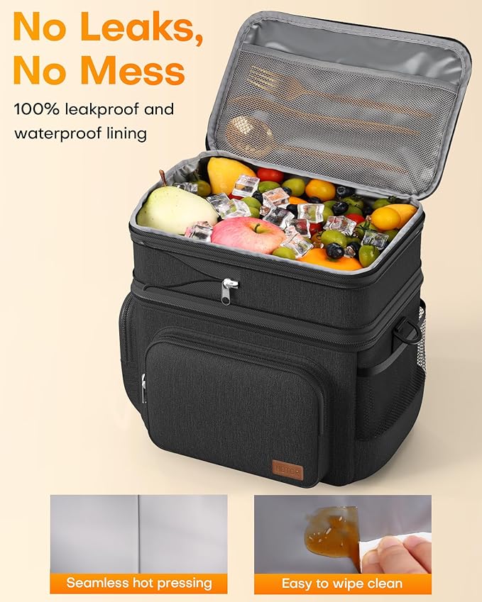 HOTOR Lunch Box for Men and Women - Leak-Proof Insulated Lunch Cooler Bag with Adjustable Strap, Multiple Pockets for Office, Picnic, Hiking, Beach, 2 Layer, 32L, Black, 14.6" x 10.7" x 13.0"