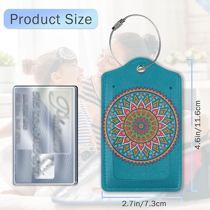 Luggage Tags for Suitcase,Flower Mandala Luggage Tags of Set 2 Leather Identifiers Privacy Cover with Stainless Steel Loop for Women Men Travel Bag Suitcase