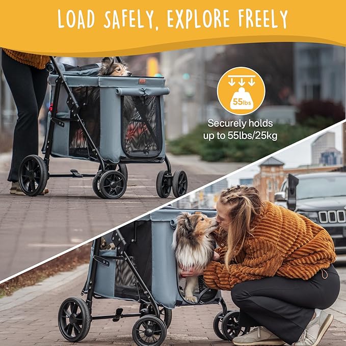 Scout Pet Stroller, 4-Wheel Design for Small/Medium Dogs - One-Button Fold, Adjustable Mesh Windows & Shades, 360° Swivel Front Wheels, Rear Wheel Brake for Safety