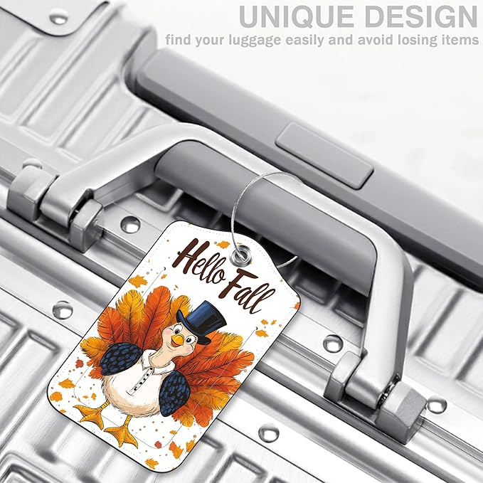 Hello Fall Turkey Set of 2 Luggage Tags for Suitcases Leather Suitcase Tags Identifiers with Privacy Name Address Label and Stainless Steel Loop for Women Men Travel Luggage Accessories