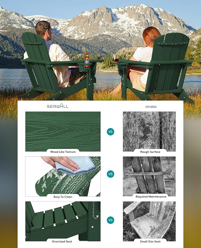 SERWALL Adirondack Chair with Cup Holders - Composite Adirondack Chairs Set of 8 HDPE Outdoor Chairs All Weather Use- Green