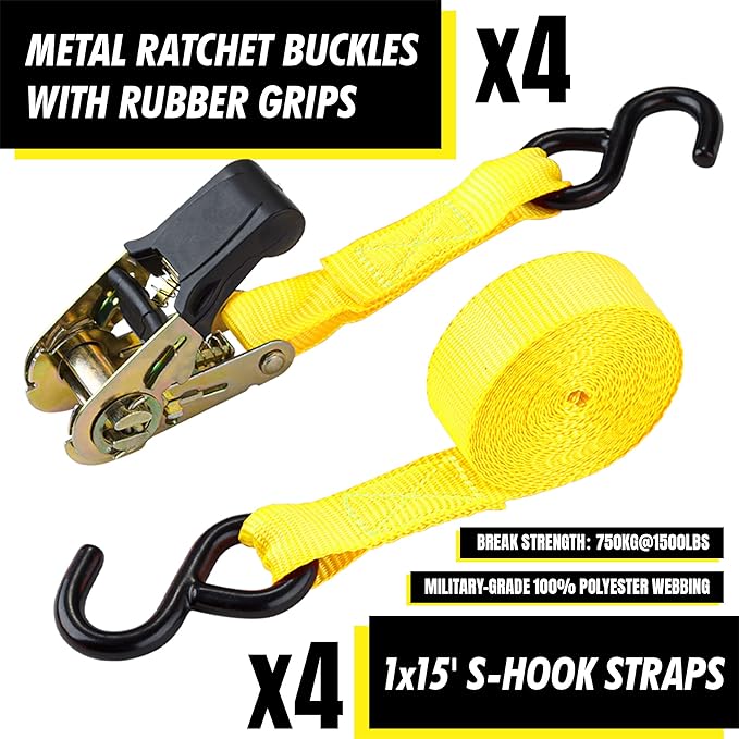 Cartman Ratchet Tie Down, 4Pk 15Ft, 500Lbs Load Cap/ 1500Lbs Break Strength, Cargo Straps for Moving Appliances, Lawn Equipment, Motorcycle in a Truck, with Carry Bag