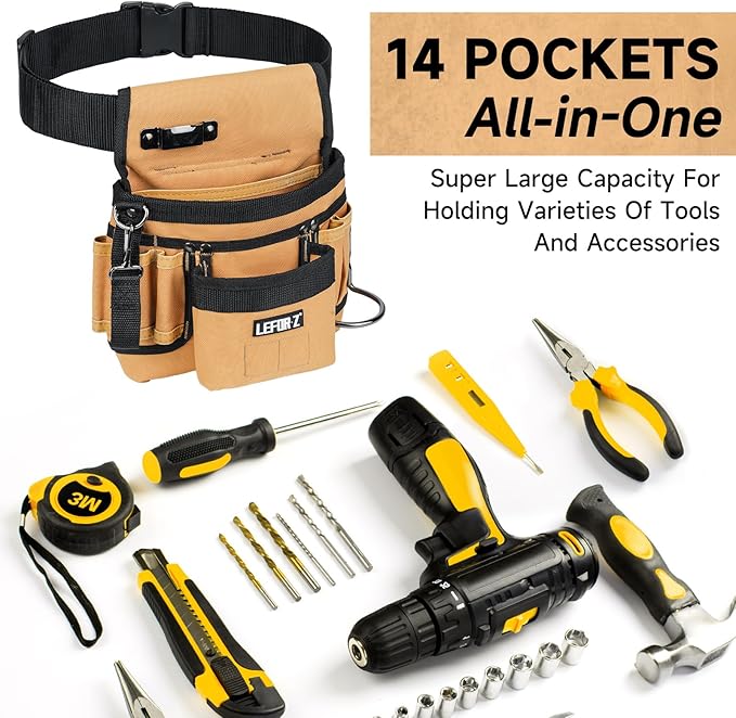 Tool Belt,Magnetic Tool Pouch,14-Pockets Tool Belts for Men,Detachable & Adjustable Tool Pouch Belt for Electrician,Carpenter,Construction,Work Apron,Utility Belt,Black-Brown