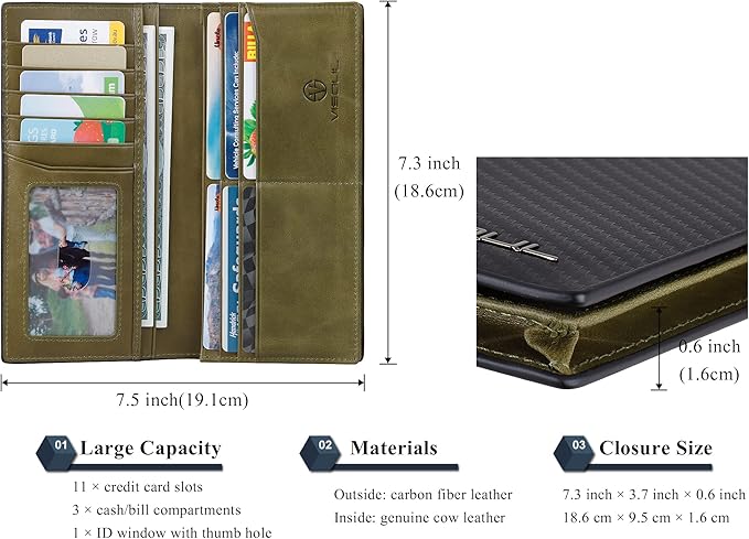 VISOUL Mens Checkbook Leather Wallets Long Bifold Wallets for Men Suit Wallet with 3 Cash Compartments 12 Credit Card Slots (Black+Olive Green)