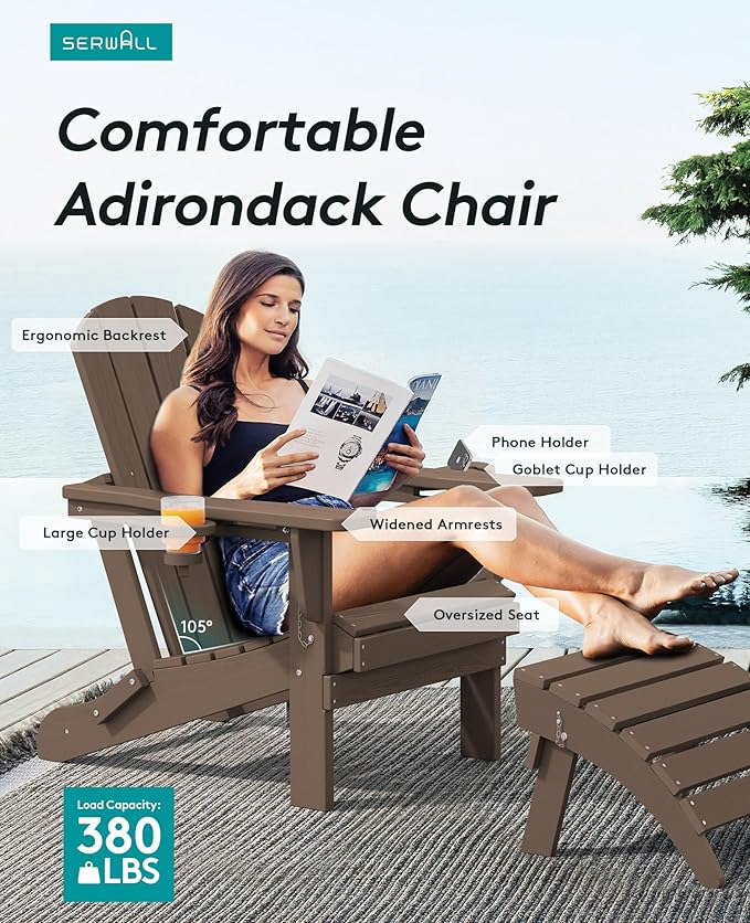 SERWALL Adirondack Chair with Cup Holders - Composite Adirondack Chairs Set of 4 HDPE Outdoor Chairs All Weather Use- Coffee