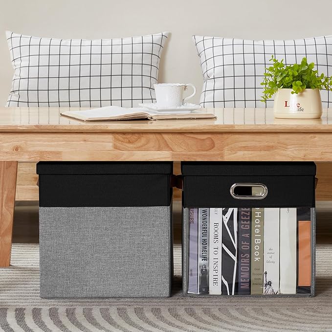 Fabric Storage Cubes with Clear Windows and Lids 11'' Foldable Storage Bins with 3 Handles, Decorative Storage Boxes for Home, Bedroom, Closet, Office (Black&Gray)