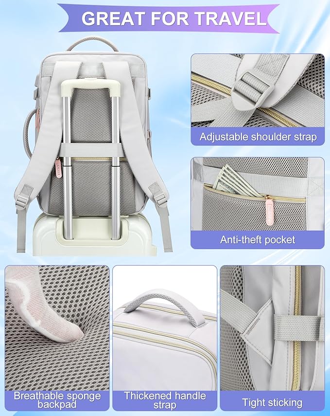 42L Travel Laptop Backpack, Expandable Carry-on Luggage, Anti-Theft Business Weekender Bag with USB Port, 3 Packing Cubes & Shoe Bag (Grey)