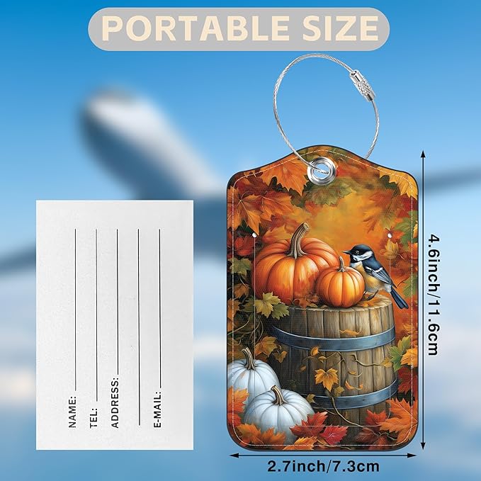 Autumn Pumpkin and Bird Set of 2 Luggage Tags for Suitcases Fallen Leaves Leather Suitcase Tags Identifiers with Privacy Name Label and Stainless Steel Loop for Women Men Travel Luggage Accessories