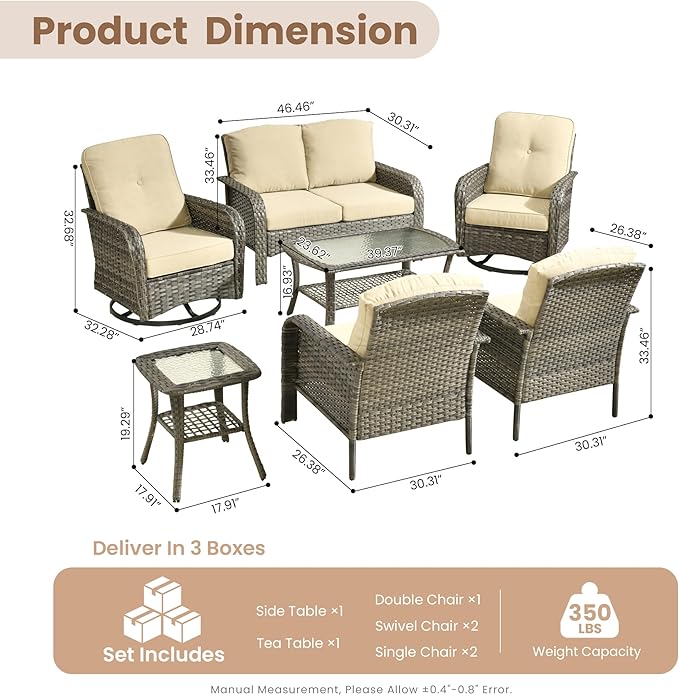 HOOOWOOO Patio Furniture Set,7 Pieces Outdoor Conversation Set,All Weather Wicker Loveseat Sofa Set with High Back Swivel Rocking Chairs Tables,Beige