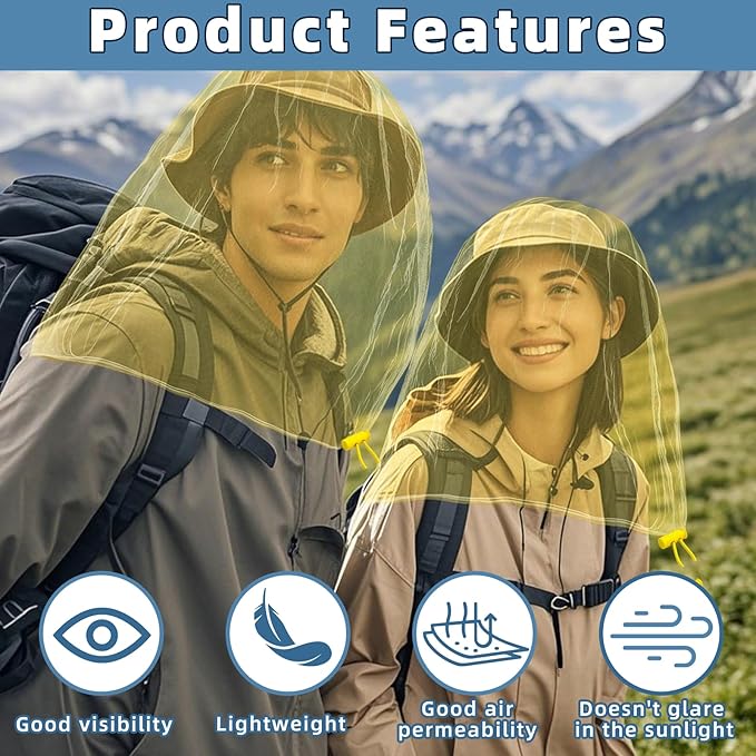 Oversized Mosquito Net 42 x 25 Inches Ultra Large Mosquito Head Net Face Neck Fly Mesh Netting Fits All Hats for Outdoor Camping Hiking Fishing Gardening Safari(Yellow)