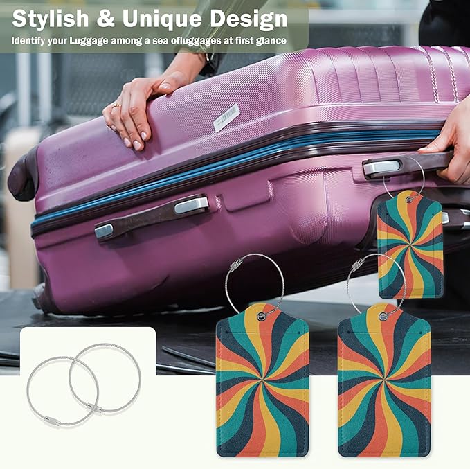 2 Pcs 70s Retro Wavy Luggage Tags,Cruise Vintage Twisted Ray Luggage Tag with Privacy Flap,Name Id Label and Steel Loop for Women Men Travel Bag Suitcase