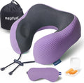 napfun Neck Pillow for Traveling, Upgraded Travel Neck Pillow for Airplane 100% Pure Memory Foam Travel Pillow for Flight Headrest Sleep, Portable Plane Accessories, Striped Light Purple Set