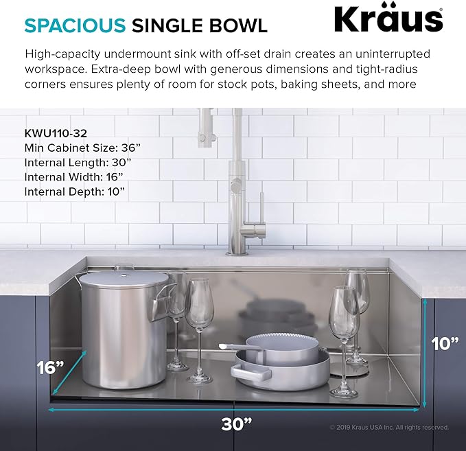 KRAUS Kore Workstation 32-inch Undermount 16 Gauge Stainless Kitchen Sink, Single Bowl Kitchen Sink with 3/4 HP Garbage Disposal, KWU110-32-100-75MB