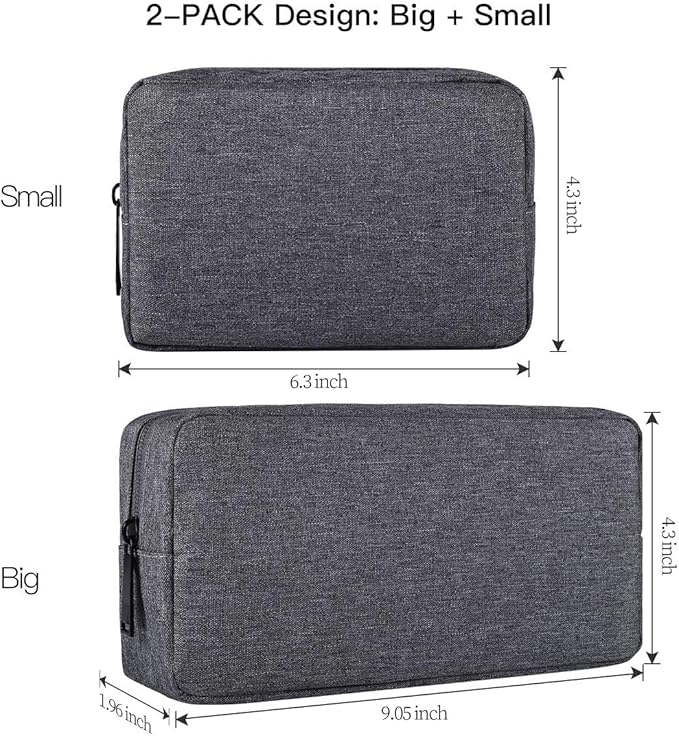 Universal Electronics Accessories Carrying Case, 2PCS Big + Small Portable Storage Pouch, Cosmetic Bag, Cable Organizer Compatible Hard Drive, Mouse, Power Bank, Adapter, Cellphone, Space Gray