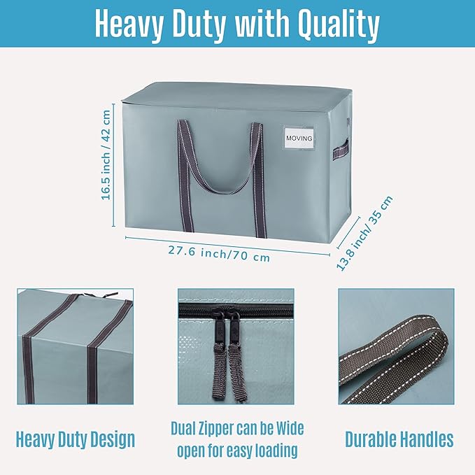 VENO 4 Pack Moving Bags, Heavy Duty, Moving Boxes Alternative, Packing Storage Supplies for Dorm Room Essentials with Zipper for Clothes, Extra Large Totes for Packaging (Light Blue Matte, 4 Pack)