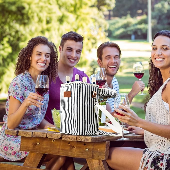 Tirrinia 4 Bottle Leakproof Insulated Wine Carrier Tote Bag - Padded and Portable for Travel, Restaurants, Tastings, Parties - Great Gift for Wine Lovers, Stripe Pattern