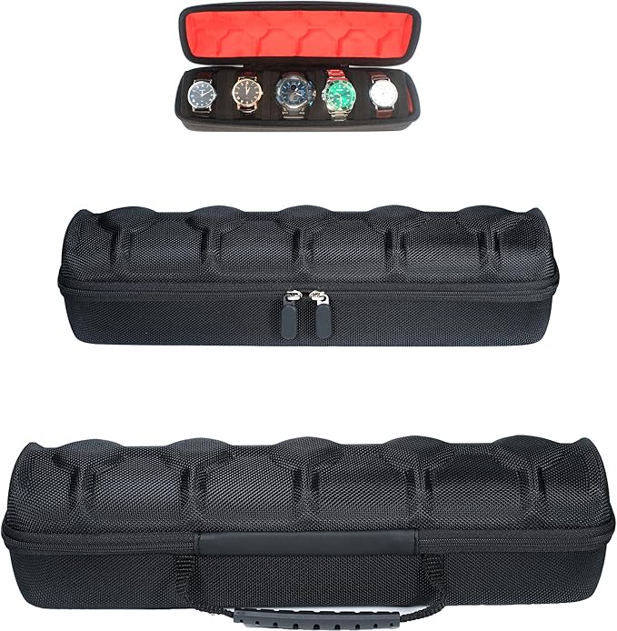 Hard 5 Slots Watch travel case with Soft Separation pillow, fit men's women's casual/sports/diving/dress/automatic watches up to 60mm sized face, with luxury red lining(case only)