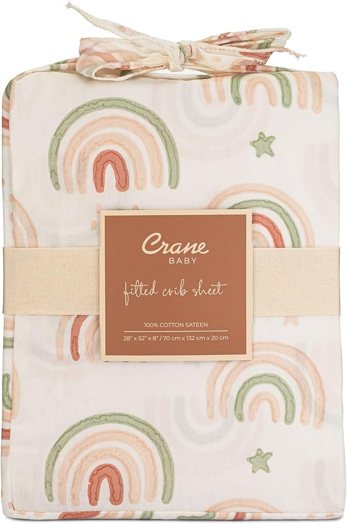Crane Baby 100% Cotton Breathable Fitted Baby and Toddler Sheet for Standard Mattress (28 X 52), Machine Washable Crib Boho Rainbow Boho Rainbow
