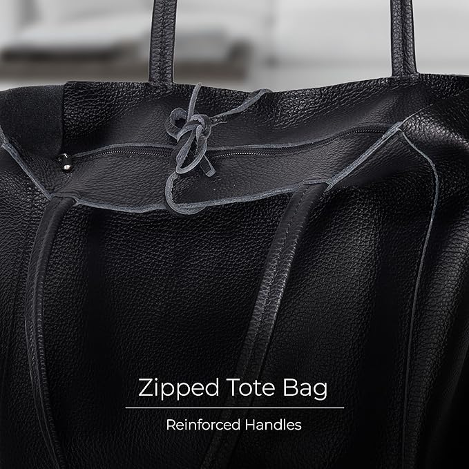 Italian Calf Leather Tote for Women with Zipper, Inner Pocket & Flat Base | Soft Unlined Shopper for Work & Travel
