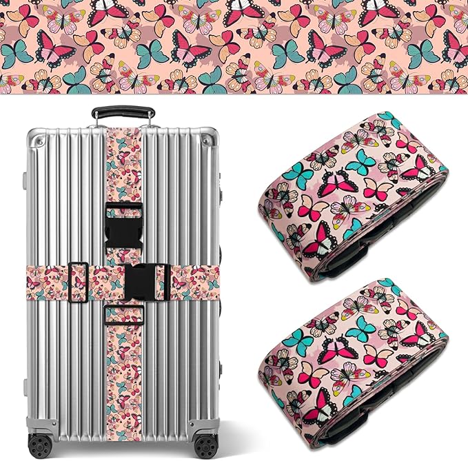 Butterfly Luggage Straps for Suitcases TSA Approved, Luggage Identifiers for Suitcase, Adjustable Suitcase Strap for Baggage Security with Cute Patten, Travel Necessary Accessories (2Pack)