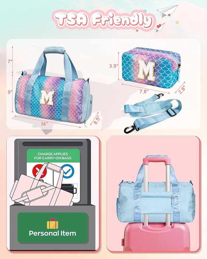 Dorm Room Essentials for Girls-Girl Gym Bag with Shoe Compartment, Kid Personalized Weekender Overnight Bags, Initial Travel Tote with Makeup Pouch, Preppy Stuff Gifts for Kids (Letter F)