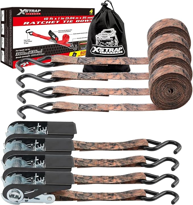 XSTRAP STANDARD Ratchet Tie Down Straps 4 Pk 10 Ft- 300 Lbs Load Cap- 900 Lbs Break Strength-Cargo Straps for Hunting, UTV, ATV, Pickup, Truck, Moving Appliances, Lawn Equipment, Camouflage