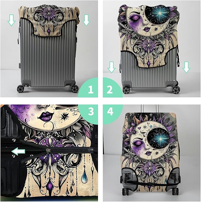 Luggage Protector Plus 1 Luggage Tag, Gothic Moon Face Travel Case Cover for 26-28 inch Suitcase with Elastic Dustproof, Scratch Resistant Concealed Zipper