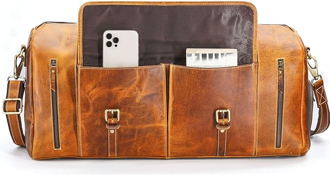 KomalC Leather Duffel Bags for Men and Women Full Grain Leather Travel Overnight Weekend Leather Bags Sports Gym Duffel for Men (Tan, 24 Inch)