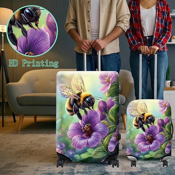 Luggage Cover + Tag, Bee Purple Flowers Travel Suitcase Cover for 29-30 inch Luggage (XL) with Concealed Zipper, Washable Elastic Cloth, Dustproof, Anti-Scratch
