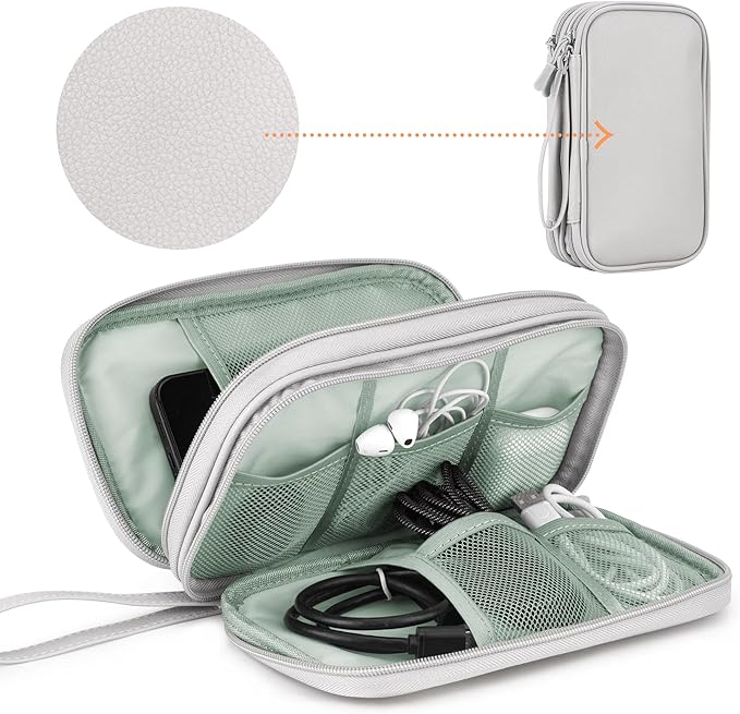 Leather Travel Electronic Organizer - Double Layer, Waterproof Case for Cables, Chargers, Phones & More - Portable, Shockproof Pouch for All Your Electronics Accessories (Grey, M)