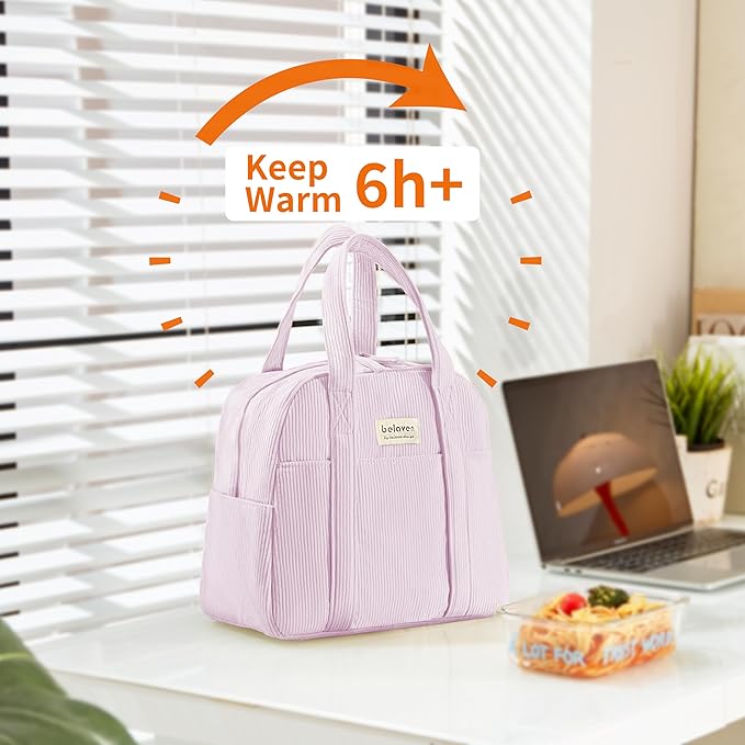 Insulated Lunch Bag for Women, 6-Hour Cold Retention Cooler Tote with Sturdy Handle, 15-Can Spacious Capacity, Leakproof Corduroy Fabric & Aluminum Foil Lining (Purple)