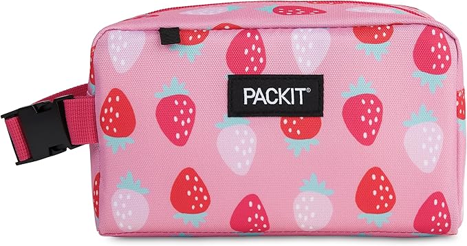 PackIt Freezable Snack Box, Sweet Strawberry, Built with ECOFREEZE Technology, Collapsible, Zip Closure with Buckle Handle, Designed For Work Snacks, Fresh Snacks On the Go, Adults, and All Ages