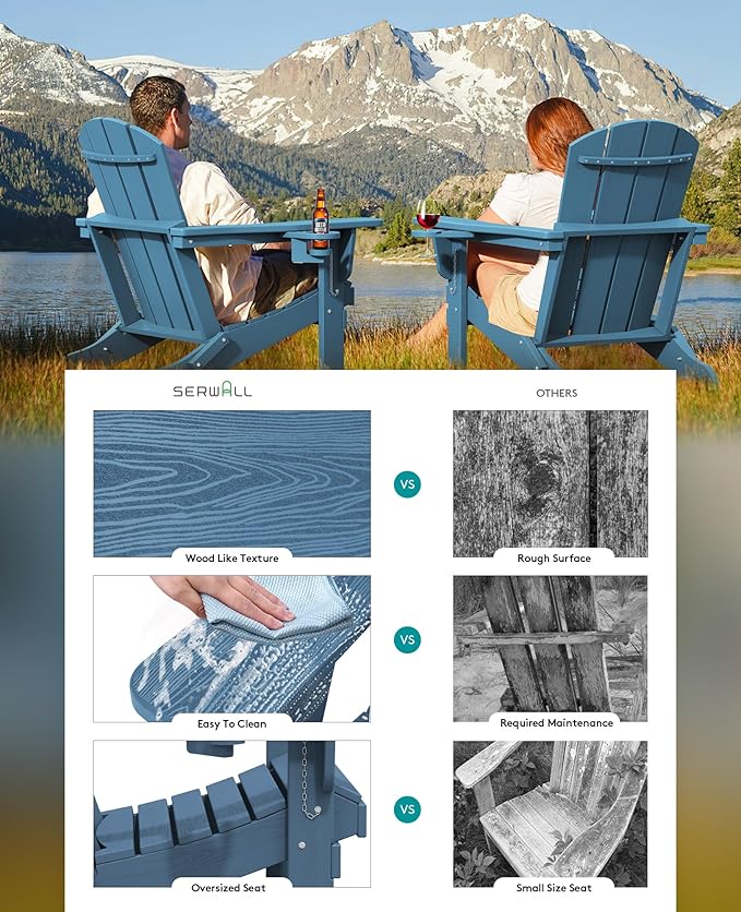 SERWALL Folding Adirondack Chair, HDPE Adirondack Chairs Set of 8, Plastic Outdoor Chairs- Looks Exactly Like Real Wood- Navy