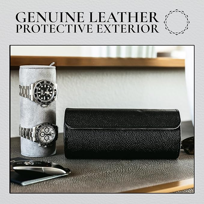 Watch Roll Travel Case for 2 Watches | Hidden Jewelry Storage Compartment, Genuine Leather Watch Roll with Dust Bags & Cleaning Cloth | Fits Men's Wrist Watches & Smartwatches