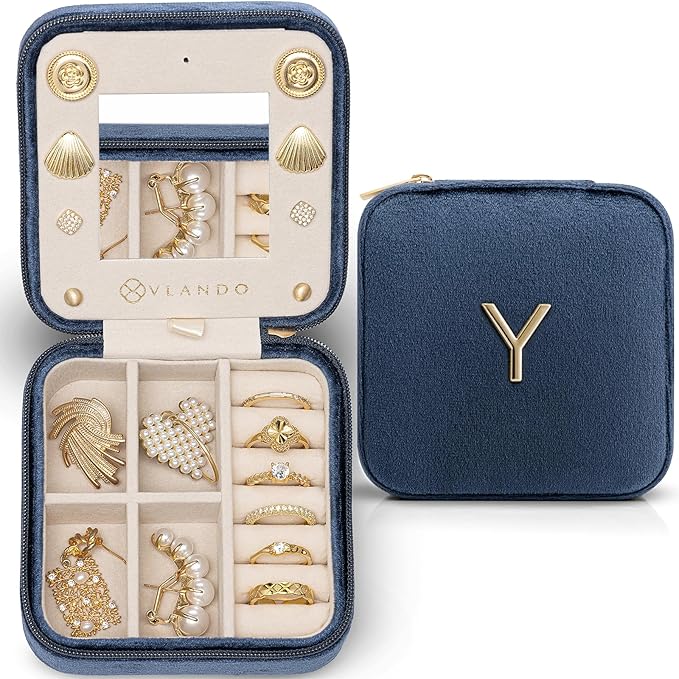 Vlando Girls Fashion Jewelry Box Mini Case - Dark Blue, Initial - Y