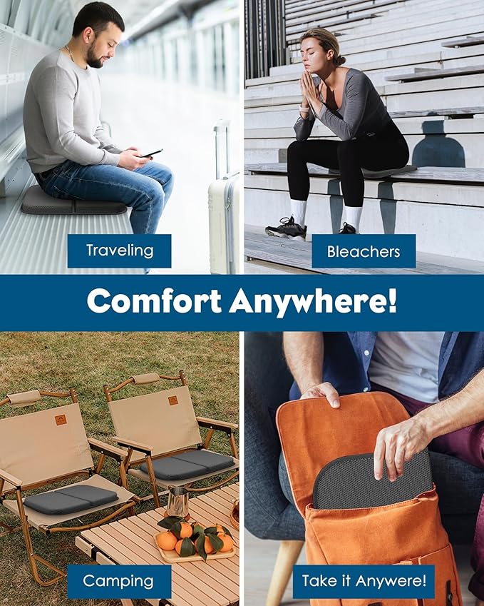 Gel Travel Seat Cushion, Portable Airplane Seat Cushion, 14.5" x 10.5" Thick & Foldable for Airplane Seats, Office Chair, Camping, Bleachers, Flights, Commute (Dark Grey)
